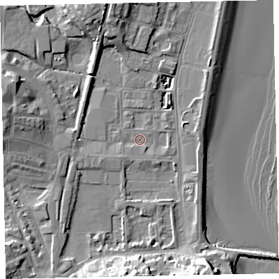 Shaded relief map of the ground around TQ46BA, computed from Environment Agency LiDAR. The ground here sits at about 2 m above sea level and falls 17 m across the surrounding 800 m. Surface water reaching this point runs off ground lying to the south-south-east, 12.8 m higher.