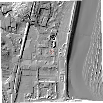 Shaded relief map of the ground around TQ46BE, computed from Environment Agency LiDAR. The ground here sits at about 3 m above sea level and falls 13 m across the surrounding 800 m. Surface water reaching this point runs off ground lying to the south-south-east, 4.9 m higher.