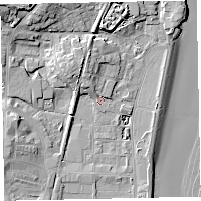 Shaded relief map of the ground around TQ46BG, computed from Environment Agency LiDAR. The ground here sits at about 4 m above sea level and falls 23 m across the surrounding 800 m. Surface water reaching this point runs off ground lying to the north, 2.1 m higher.