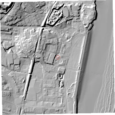 Shaded relief map of the ground around TQ46BJ, computed from Environment Agency LiDAR. The ground here sits at about 3 m above sea level and falls 27 m across the surrounding 800 m. Surface water reaching this point runs off ground lying to the north-west, 6.4 m higher.