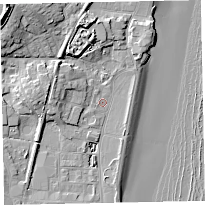 Shaded relief map of the ground around TQ46BL, computed from Environment Agency LiDAR. The ground here sits at about 3 m above sea level and falls 25 m across the surrounding 800 m. Surface water reaching this point runs off ground lying to the west-north-west, 6.4 m higher.