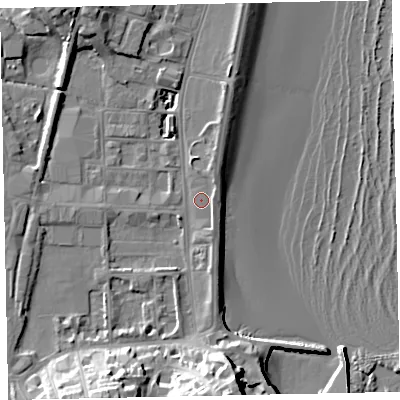 Shaded relief map of the ground around TQ46BN, computed from Environment Agency LiDAR. The ground here sits at about 3 m above sea level and falls 20 m across the surrounding 800 m. Surface water reaching this point runs off ground lying to the north-east, 1.4 m higher.