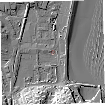 Shaded relief map of the ground around TQ46BP, computed from Environment Agency LiDAR. The ground here sits at about 2 m above sea level and falls 23 m across the surrounding 800 m. Surface water reaching this point runs off ground lying to the south-south-east, 18.9 m higher.