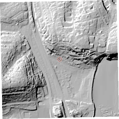 Shaded relief map of the ground around TQ46BU, computed from Environment Agency LiDAR. The ground here sits at about 4 m above sea level and falls 51 m across the surrounding 800 m. Surface water reaching this point runs off ground lying to the west-south-west, 46.6 m higher.