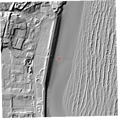 Shaded relief map of the ground around TQ46BW, computed from Environment Agency LiDAR. The ground here sits at about -1 m above sea level and falls 13 m across the surrounding 800 m. Surface water reaching this point runs off ground lying to the west, 5.5 m higher.