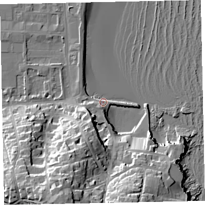 Shaded relief map of the ground around TQ46DU, computed from Environment Agency LiDAR. The ground here sits at about 4 m above sea level and falls 38 m across the surrounding 800 m. Surface water reaching this point runs off ground lying to the south-south-west, 17.2 m higher.