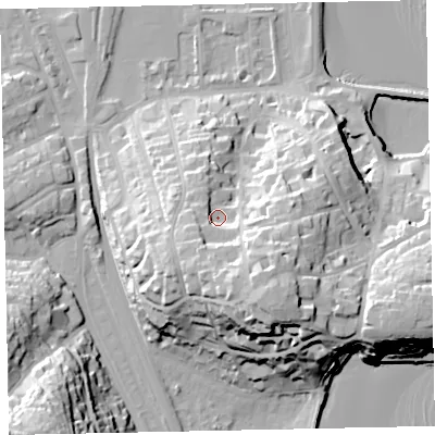 Shaded relief map of the ground around TQ46EA, computed from Environment Agency LiDAR. The ground here sits at about 19 m above sea level and falls 45 m across the surrounding 800 m. Surface water reaching this point runs off ground lying to the south-south-east, 13.9 m higher.
