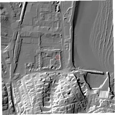 Shaded relief map of the ground around TQ46EB, computed from Environment Agency LiDAR. The ground here sits at about 3 m above sea level and falls 34 m across the surrounding 800 m. Surface water reaching this point runs off ground lying to the south, 2.3 m higher.