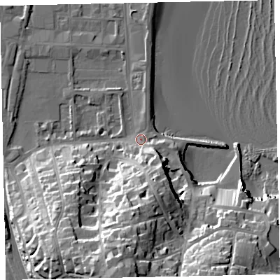 Shaded relief map of the ground around TQ46ED, computed from Environment Agency LiDAR. The ground here sits at about 5 m above sea level and falls 38 m across the surrounding 800 m. Surface water reaching this point runs off ground lying to the south-south-east, 15.5 m higher.