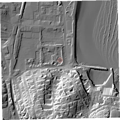 Shaded relief map of the ground around TQ46EE, computed from Environment Agency LiDAR. The ground here sits at about 3 m above sea level and falls 36 m across the surrounding 800 m. Surface water reaching this point runs off ground lying to the south-south-east, 1.9 m higher.