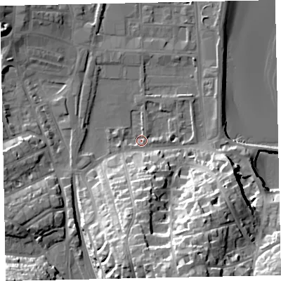 Shaded relief map of the ground around TQ46EG, computed from Environment Agency LiDAR. The ground here sits at about 2 m above sea level and falls 37 m across the surrounding 800 m. Surface water reaching this point runs off ground lying to the south-south-east, 31.9 m higher.