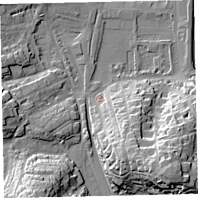 Shaded relief map of the ground around TQ46EH, computed from Environment Agency LiDAR. The ground here sits at about 5 m above sea level and falls 35 m across the surrounding 800 m. Surface water reaching this point runs off ground lying to the south-south-east, 22.7 m higher.