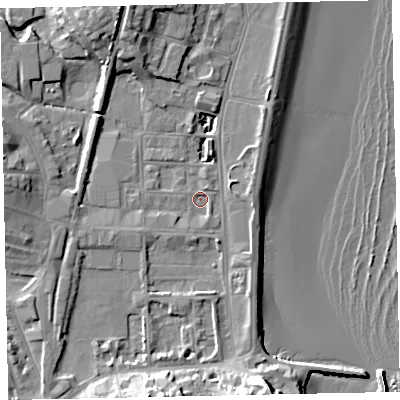 Shaded relief map of the ground around TQ46EQ, computed from Environment Agency LiDAR. The ground here sits at about 2 m above sea level and falls 16 m across the surrounding 800 m. Surface water reaching this point runs off ground lying to the south-south-east, 12.2 m higher.