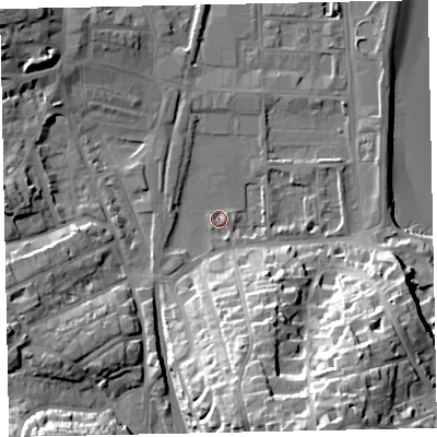 Shaded relief map of the ground around TQ46EU, computed from Environment Agency LiDAR. The ground here sits at about 2 m above sea level and falls 35 m across the surrounding 800 m. Surface water reaching this point runs off ground lying to the south-south-east, 32.4 m higher.