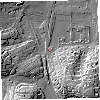 Shaded relief map of the ground around TQ46HB, computed from Environment Agency LiDAR. The ground here sits at about 4 m above sea level and falls 34 m across the surrounding 800 m. Surface water reaching this point runs off ground lying to the south-east, 32.5 m higher.