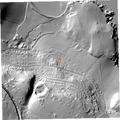 Shaded relief map of the ground around TQ46HU, computed from Environment Agency LiDAR. The ground here sits at about 14 m above sea level and falls 62 m across the surrounding 800 m. Surface water reaching this point runs off ground lying to the south-south-east, 41.1 m higher.