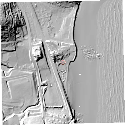Shaded relief map of the ground around TQ46LN, computed from Environment Agency LiDAR. The ground here sits at about 4 m above sea level and falls 42 m across the surrounding 800 m. Surface water reaching this point runs off ground lying to the north-west, 10.9 m higher.