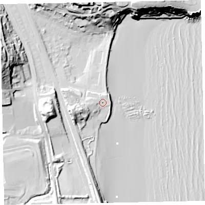 Shaded relief map of the ground around TQ46LP, computed from Environment Agency LiDAR. The ground here sits at about 5 m above sea level and falls 33 m across the surrounding 800 m. Surface water reaching this point runs off ground lying to the west, 2.6 m higher.