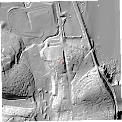 Shaded relief map of the ground around TQ46LU, computed from Environment Agency LiDAR. The ground here sits at about 23 m above sea level and falls 37 m across the surrounding 800 m. Surface water reaching this point runs off ground lying to the south-south-west, 3.9 m higher.