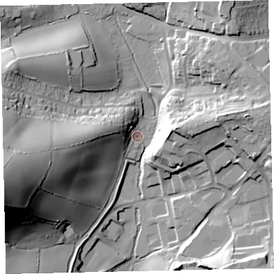 Shaded relief map of the ground around TQ47DD, computed from Environment Agency LiDAR. The ground here sits at about 35 m above sea level and falls 66 m across the surrounding 800 m. Surface water reaching this point runs off ground lying to the west-south-west, 60.8 m higher.