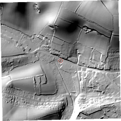 Shaded relief map of the ground around TQ47DE, computed from Environment Agency LiDAR. The ground here sits at about 39 m above sea level and falls 65 m across the surrounding 800 m. Surface water reaching this point runs off ground lying to the north, 61.8 m higher.