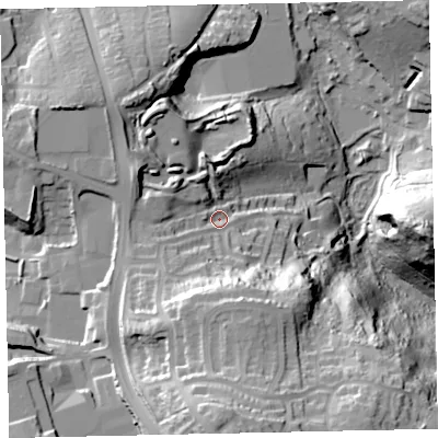 Shaded relief map of the ground around TQ47DU, computed from Environment Agency LiDAR. The ground here sits at about 46 m above sea level and falls 66 m across the surrounding 800 m. Surface water reaching this point runs off ground lying to the south-south-east, 25.2 m higher.