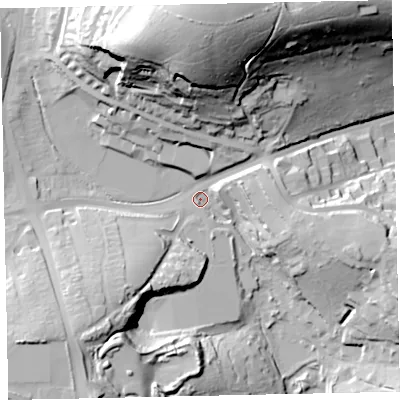 Shaded relief map of the ground around TQ47EU, computed from Environment Agency LiDAR. The ground here sits at about 32 m above sea level and falls 72 m across the surrounding 800 m. Surface water reaching this point runs off ground lying to the north, 66.9 m higher.