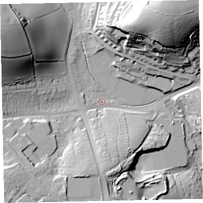 Shaded relief map of the ground around TQ47HB, computed from Environment Agency LiDAR. The ground here sits at about 34 m above sea level and falls 70 m across the surrounding 800 m. Surface water reaching this point runs off ground lying to the south-south-west, 25.2 m higher.