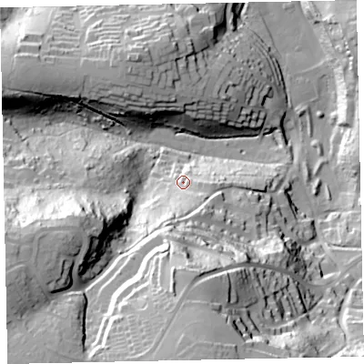 Shaded relief map of the ground around TQ47JL, computed from Environment Agency LiDAR. The ground here sits at about 23 m above sea level and falls 69 m across the surrounding 800 m. Surface water reaching this point runs off ground lying to the south, 19.8 m higher.