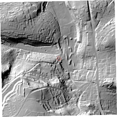 Shaded relief map of the ground around TQ47JS, computed from Environment Agency LiDAR. The ground here sits at about 15 m above sea level and falls 69 m across the surrounding 800 m. Surface water reaching this point runs off ground lying to the south-west, 56.2 m higher.