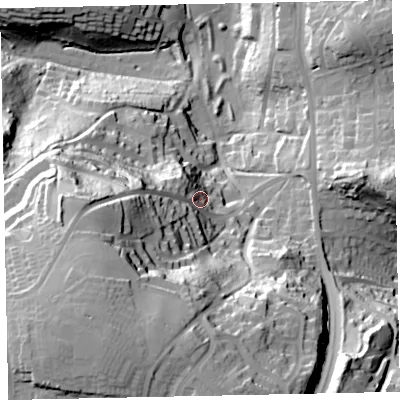 Shaded relief map of the ground around TQ47LG, computed from Environment Agency LiDAR. The ground here sits at about 34 m above sea level and falls 70 m across the surrounding 800 m. Surface water reaching this point runs off ground lying to the south-west, 40.6 m higher.