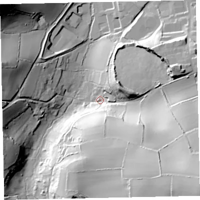 Shaded relief map of the ground around TQ47PE, computed from Environment Agency LiDAR. The ground here sits at about 33 m above sea level and falls 69 m across the surrounding 800 m. Surface water reaching this point runs off ground lying to the south-east, 61.6 m higher.