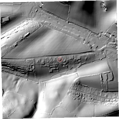 Shaded relief map of the ground around TQ47PW, computed from Environment Agency LiDAR. The ground here sits at about 57 m above sea level and falls 87 m across the surrounding 800 m. Surface water reaching this point runs off ground lying to the west, 21.0 m higher.