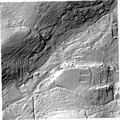 Shaded relief map of the ground around TQ50BU, computed from Environment Agency LiDAR. The ground here sits at about 32 m above sea level and falls 68 m across the surrounding 800 m. Surface water reaching this point runs off ground lying to the south-south-east, 30.0 m higher.