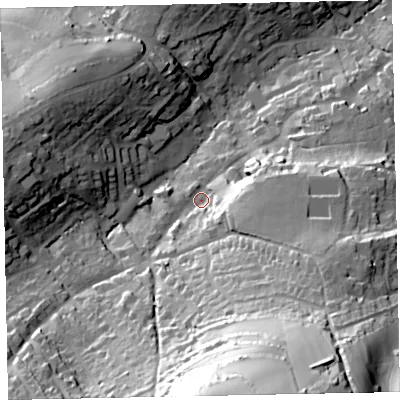 Shaded relief map of the ground around TQ50BX, computed from Environment Agency LiDAR. The ground here sits at about 36 m above sea level and falls 91 m across the surrounding 800 m. Surface water reaching this point runs off ground lying to the south-south-east, 75.7 m higher.