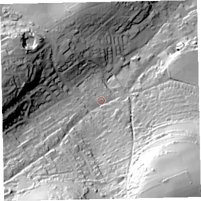 Shaded relief map of the ground around TQ50BZ, computed from Environment Agency LiDAR. The ground here sits at about 44 m above sea level and falls 104 m across the surrounding 800 m. Surface water reaching this point runs off ground lying to the south-east, 85.1 m higher.