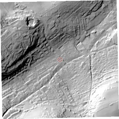 Shaded relief map of the ground around TQ50DA, computed from Environment Agency LiDAR. The ground here sits at about 45 m above sea level and falls 102 m across the surrounding 800 m. Surface water reaching this point runs off ground lying to the south-east, 85.5 m higher.