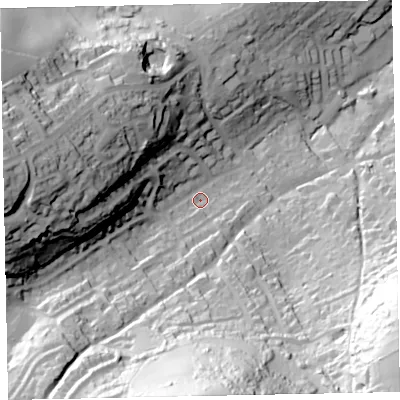 Shaded relief map of the ground around TQ50DB, computed from Environment Agency LiDAR. The ground here sits at about 48 m above sea level and falls 103 m across the surrounding 800 m. Surface water reaching this point runs off ground lying to the south, 81.4 m higher.