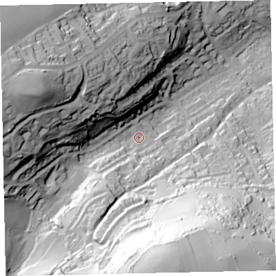 Shaded relief map of the ground around TQ50DF, computed from Environment Agency LiDAR. The ground here sits at about 61 m above sea level and falls 113 m across the surrounding 800 m. Surface water reaching this point runs off ground lying to the south, 81.9 m higher.