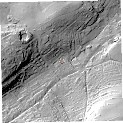Shaded relief map of the ground around TQ50DJ, computed from Environment Agency LiDAR. The ground here sits at about 40 m above sea level and falls 99 m across the surrounding 800 m. Surface water reaching this point runs off ground lying to the south-south-east, 58.7 m higher.