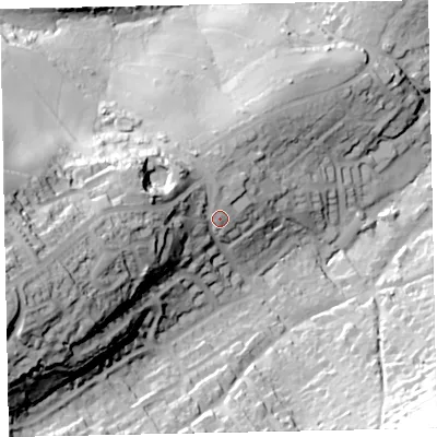 Shaded relief map of the ground around TQ50DL, computed from Environment Agency LiDAR. The ground here sits at about 57 m above sea level and falls 80 m across the surrounding 800 m. Surface water reaching this point runs off ground lying to the west-south-west, 47.7 m higher.