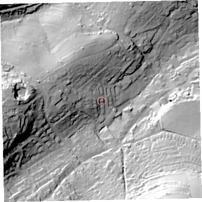 Shaded relief map of the ground around TQ50EB, computed from Environment Agency LiDAR. The ground here sits at about 41 m above sea level and falls 76 m across the surrounding 800 m. Surface water reaching this point runs off ground lying to the west, 24.0 m higher.