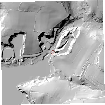 Shaded relief map of the ground around TQ50EH, computed from Environment Agency LiDAR. The ground here sits at about 5 m above sea level and falls 60 m across the surrounding 800 m. Surface water reaching this point runs off ground lying to the east-south-east, 17.4 m higher.