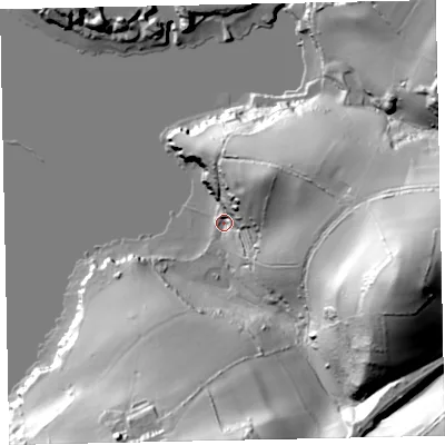 Shaded relief map of the ground around TQ50ER, computed from Environment Agency LiDAR. The ground here sits at about 3 m above sea level and falls 81 m across the surrounding 800 m. Surface water reaching this point runs off ground lying to the north-east, 35.6 m higher.