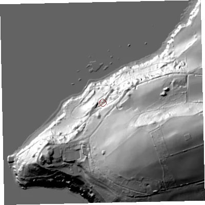 Shaded relief map of the ground around TQ50ES, computed from Environment Agency LiDAR. The ground here sits at about 30 m above sea level and falls 105 m across the surrounding 800 m. Surface water reaching this point runs off ground lying to the south-east, 72.4 m higher.