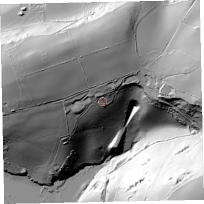 Shaded relief map of the ground around TQ50ET, computed from Environment Agency LiDAR. The ground here sits at about 76 m above sea level and falls 149 m across the surrounding 800 m. Surface water reaching this point runs off ground lying to the north-north-west, 28.2 m higher.