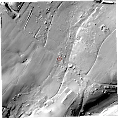 Shaded relief map of the ground around TQ50HS, computed from Environment Agency LiDAR. The ground here sits at about 54 m above sea level and falls 35 m across the surrounding 800 m. Surface water reaching this point runs off ground lying to the south-west, 27.2 m higher.