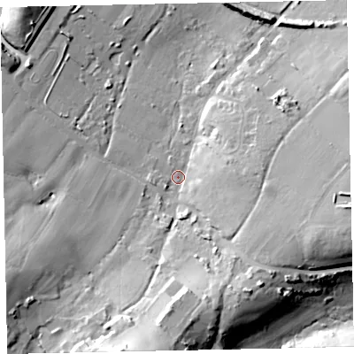 Shaded relief map of the ground around TQ50HX, computed from Environment Agency LiDAR. The ground here sits at about 53 m above sea level and falls 33 m across the surrounding 800 m. Surface water reaching this point runs off ground lying to the south-south-west, 25.4 m higher.