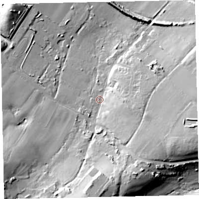 Shaded relief map of the ground around TQ50HY, computed from Environment Agency LiDAR. The ground here sits at about 53 m above sea level and falls 28 m across the surrounding 800 m. Surface water reaching this point runs off ground lying to the south, 19.9 m higher.