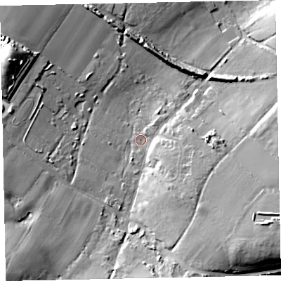 Shaded relief map of the ground around TQ50LE, computed from Environment Agency LiDAR. The ground here sits at about 51 m above sea level and falls 26 m across the surrounding 800 m. Surface water reaching this point runs off ground lying to the south-east, 10.9 m higher.